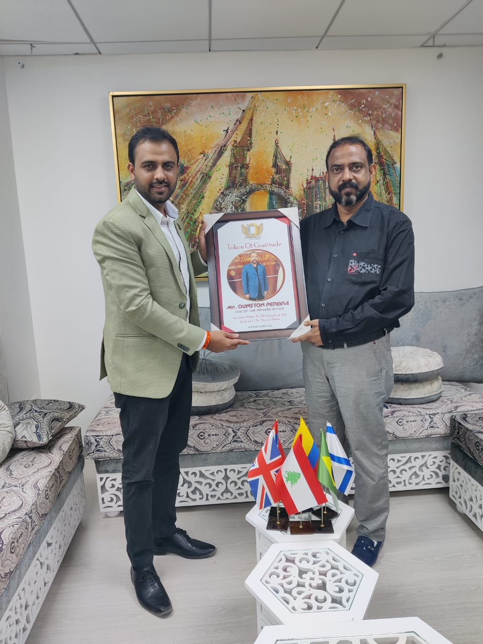With Sir Dunston Pereira, CEO of the private office of HH Shiekh Ahmed Bin Faisal Al Qassimi at his Office in Dubai